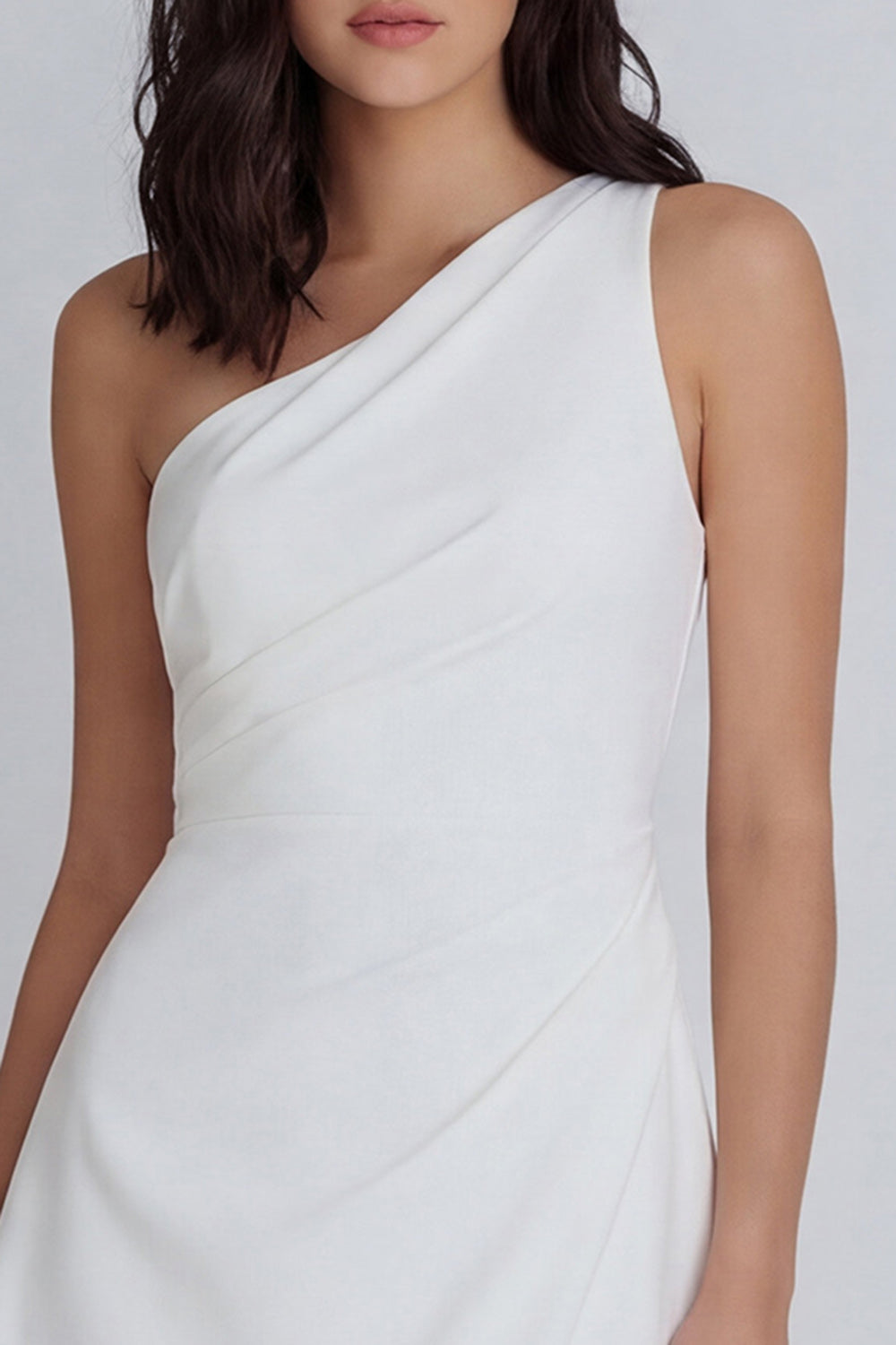 A Line One Shoulder Ruched Ivory Short Little White Dress