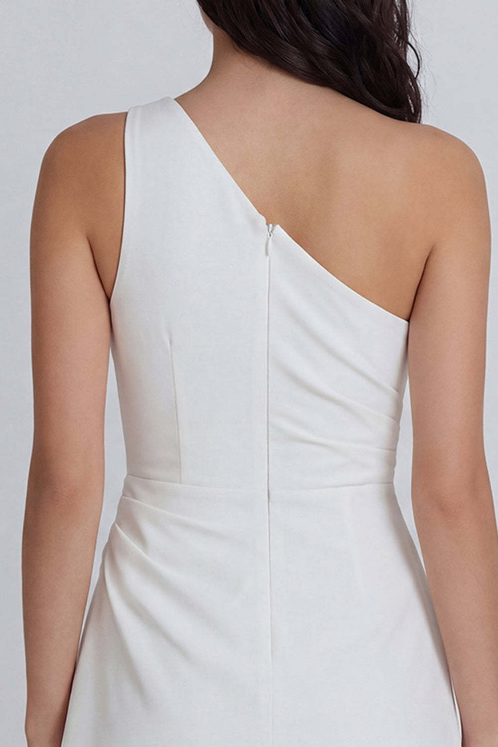 A Line One Shoulder Ruched Ivory Short Little White Dress
