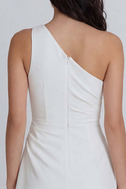 A Line One Shoulder Ruched Ivory Short Little White Dress