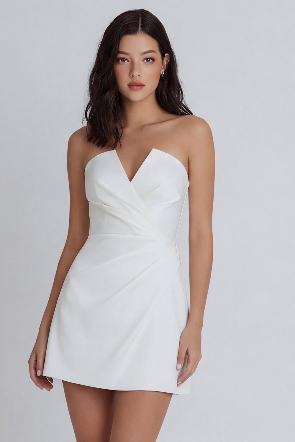 V Neck A Line Ruched Ivory Short Little White Dress