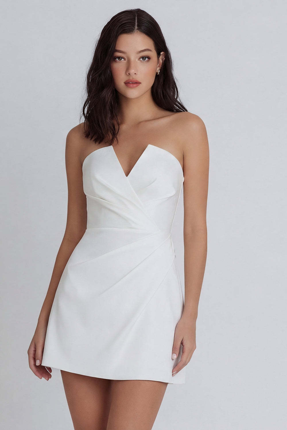 Leely Women V Neck A Line Ruched Ivory Short Little White Dress Backless Sleeveless Bridal Shower Dress