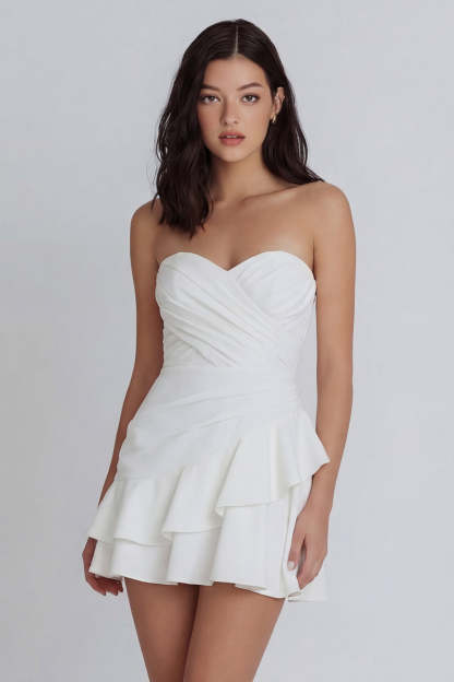 Leely Women Short Sweetheart A Line Ruched Little White Dress Sleeveless Backless Graduation Dress