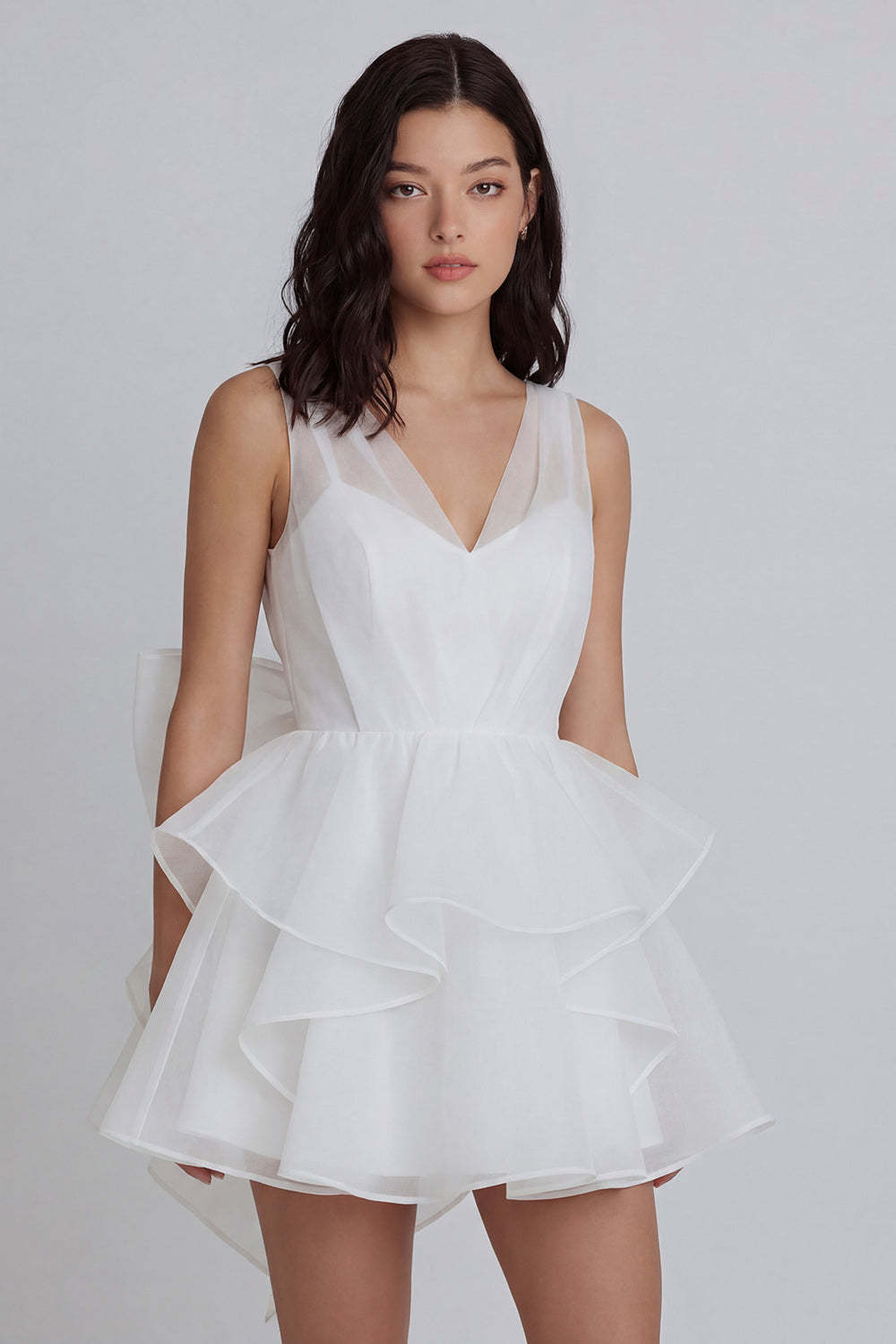 Leely Women Ivory A Line V Neck Short Little White Dress Ruffled Tiered Sleeveless Bridal Shower Dress