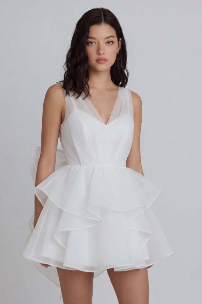 Leely Women Ivory A Line V Neck Short Little White Dress Ruffled Tiered Sleeveless Bridal Shower Dress