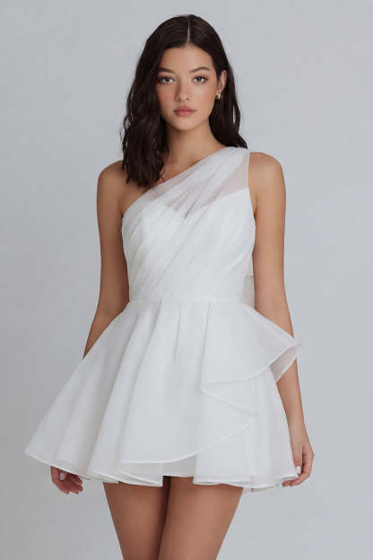 Leely Women Ivory One Shoulder A Line Ivory Short Little White Dress Ruched Backless Sleeveless Hen Do Dress