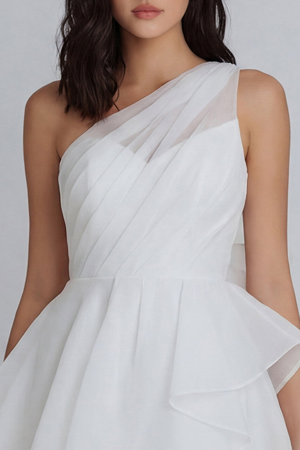 One Shoulder Ruched A Line Ivory Short Little White Dress