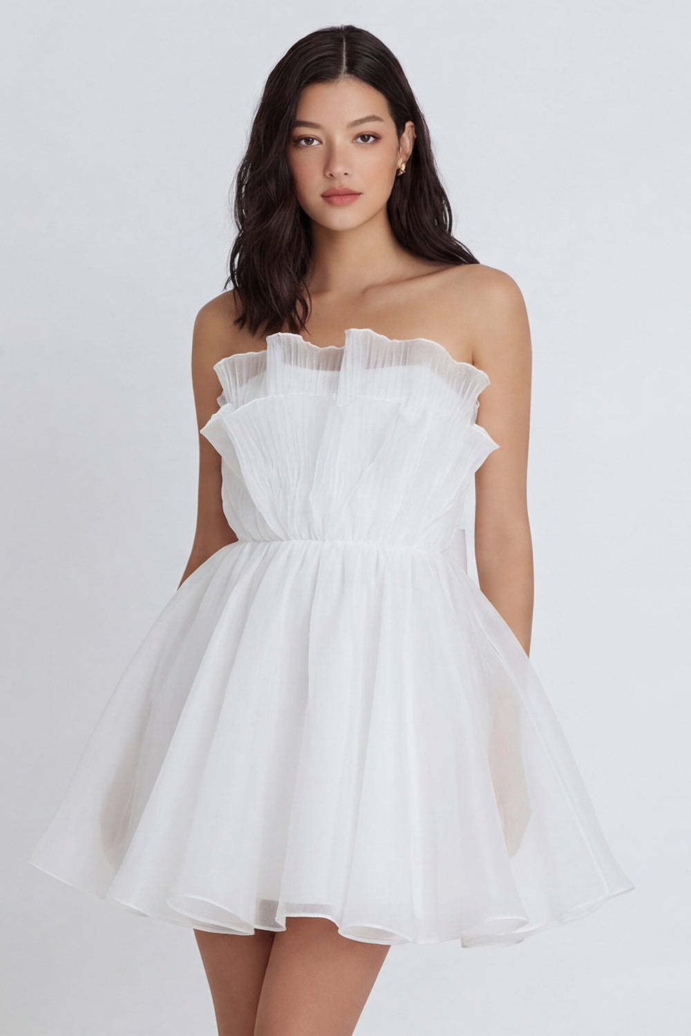 Leely Women A Line Ivory Ruffled Short Little White Dress Strapless Backless Bridal Shower Dress