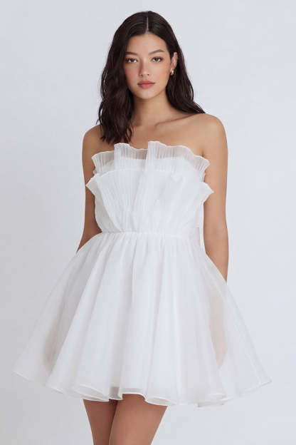 Leely Women A Line Ivory Ruffled Short Little White Dress Strapless Backless Bridal Shower Dress