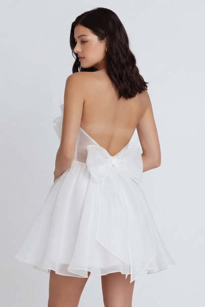 A Line Ivory Ruffled Strapless Backless Short Little White Dress