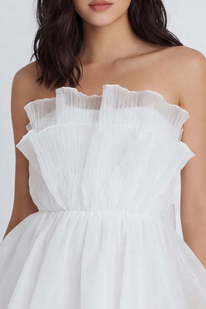 A Line Ivory Ruffled Strapless Backless Short Little White Dress
