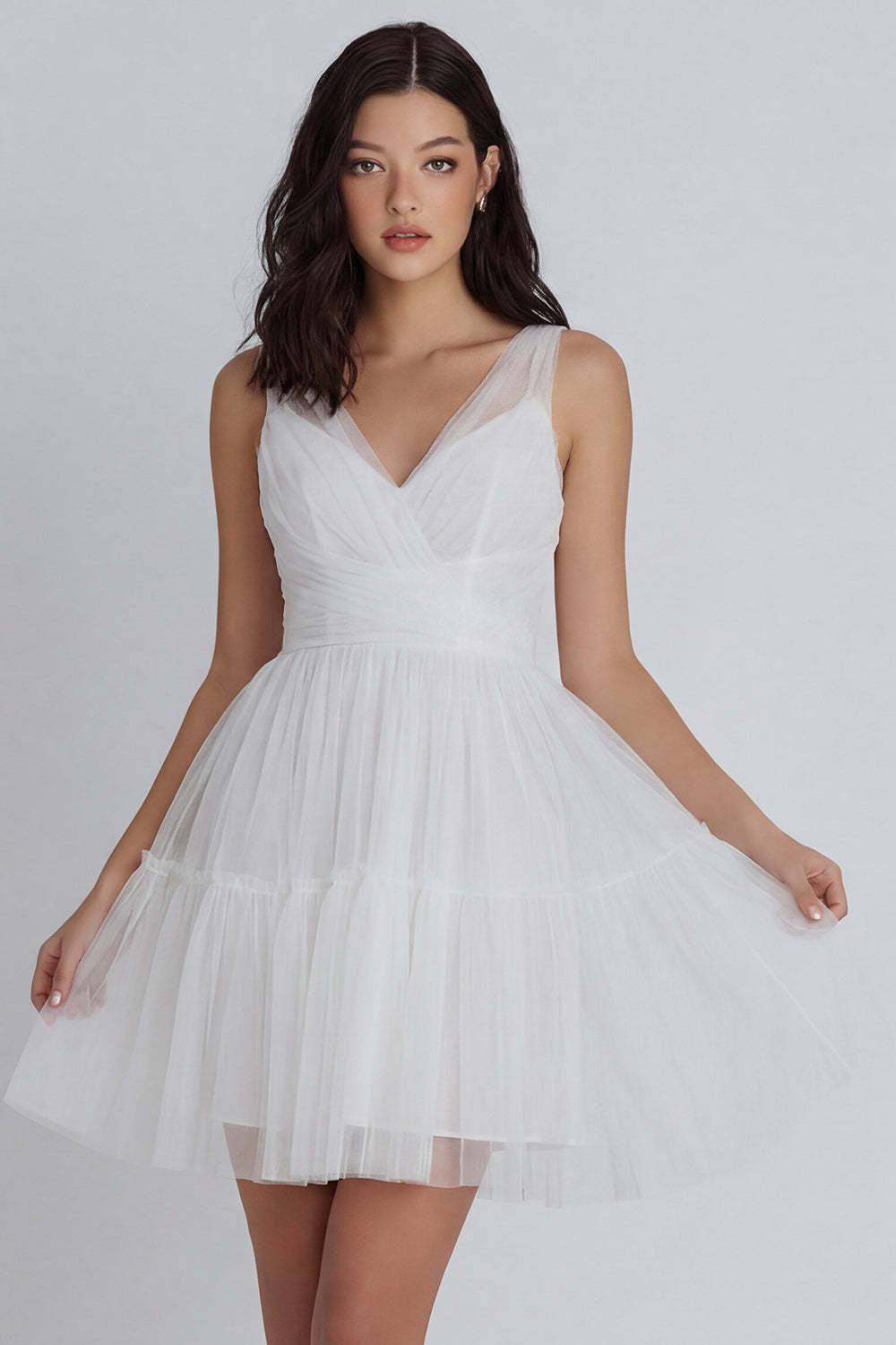 Leely Women A Line Ivory V Neck Short Little White Dress Sleeveless Backless Bridal Shower Dress