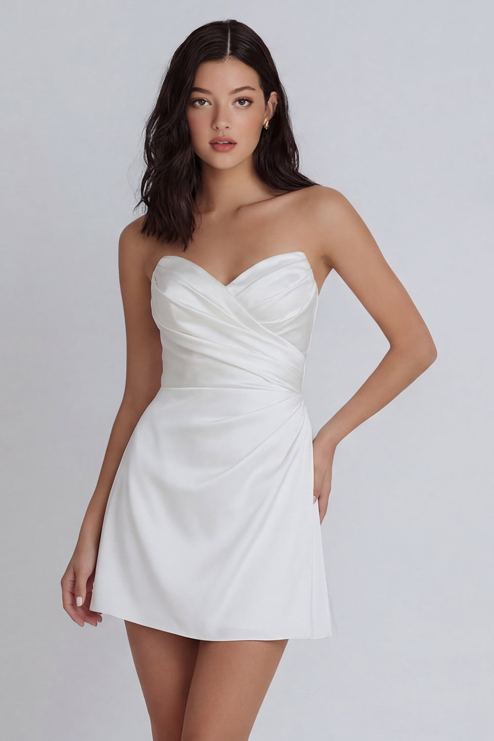 A Line Ruched Sweetheart Ivory Short Little White Dress