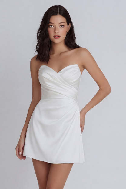 Leely Women A Line Ruched Ivory Short Little White Dress Sweetheart Backless Sleeveless Graduation Dress