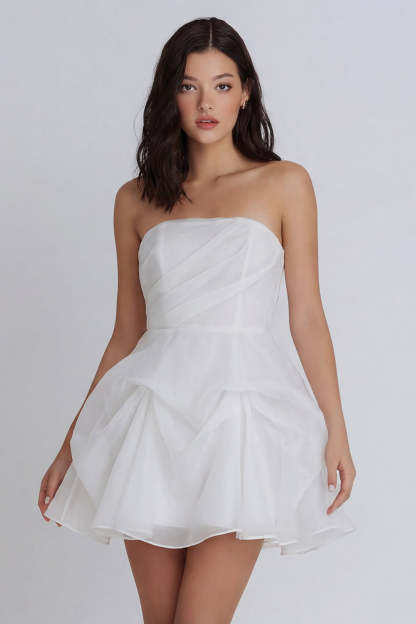 Leely Women Strapless A Line Short Little White Dress with Bow Ruched Backless Sleeveless Bridal Shower Dress