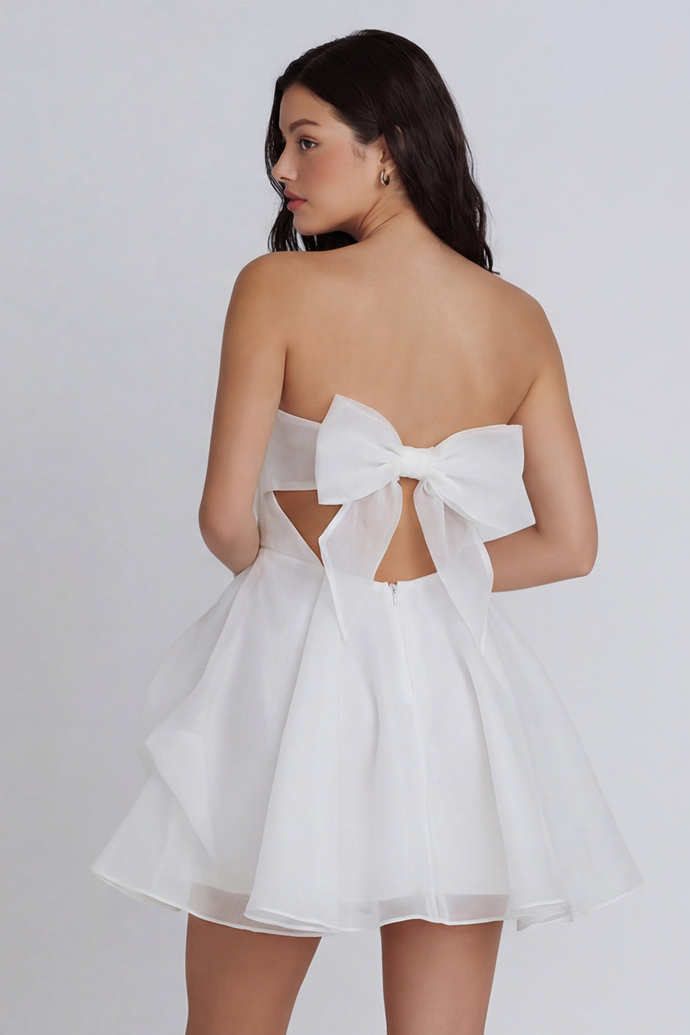 Strapless Ruched A Line Short Little White Dress with Bow
