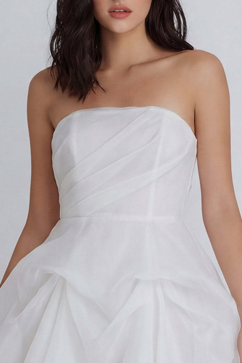 Strapless Ruched A Line Short Little White Dress with Bow