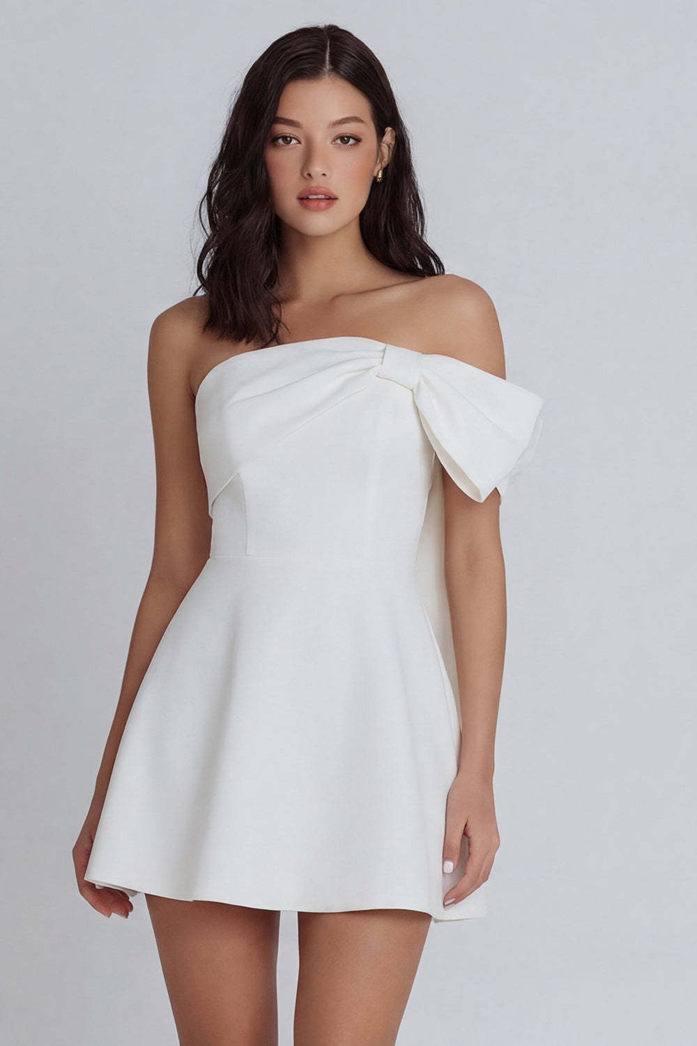 Leely Women Ruched Ivory A Line Backless Short Little White Dress Strapless Sleeveless Bridal Shower Dress