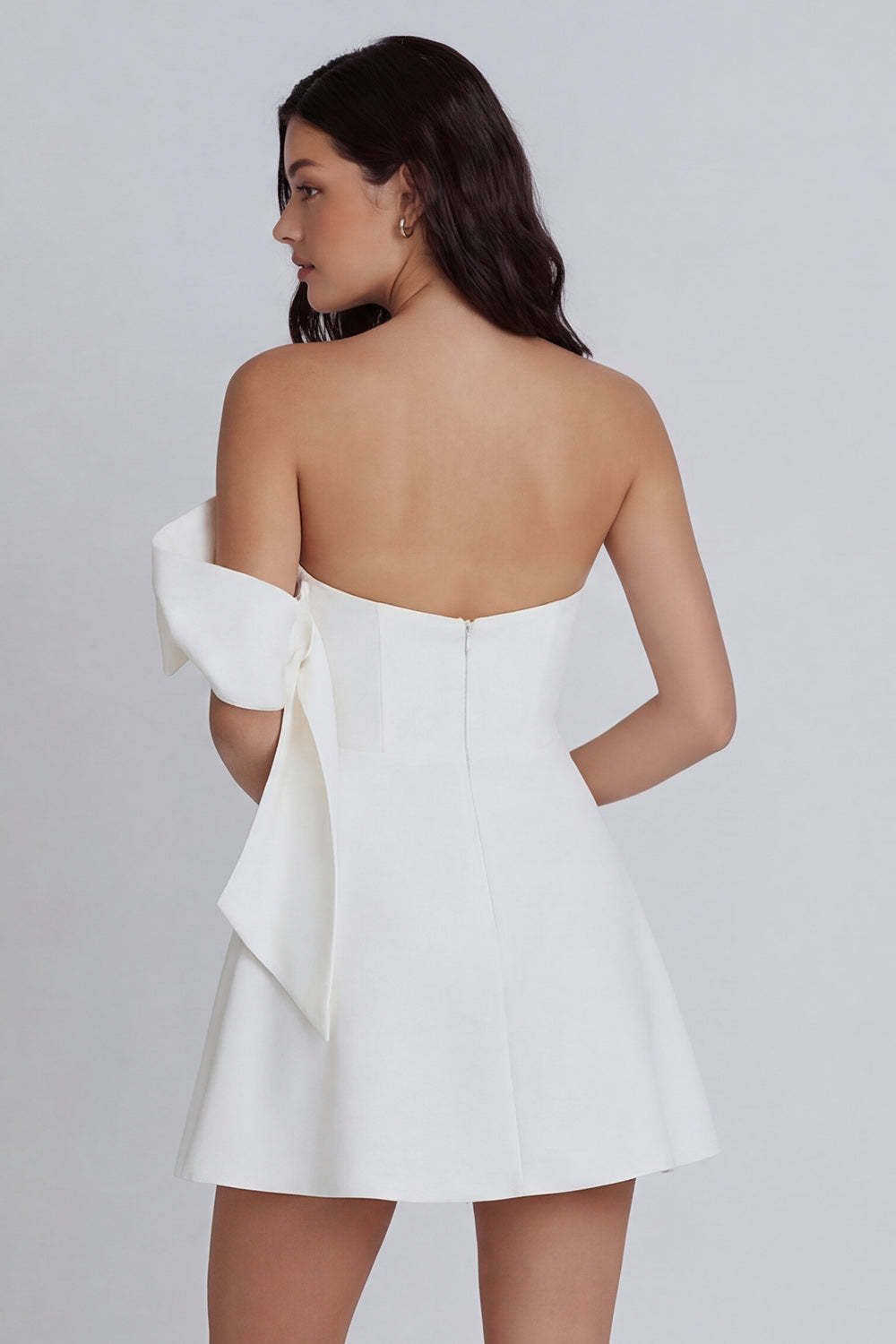Ruched Ivory A Line Strapless Backless Short Little White Dress