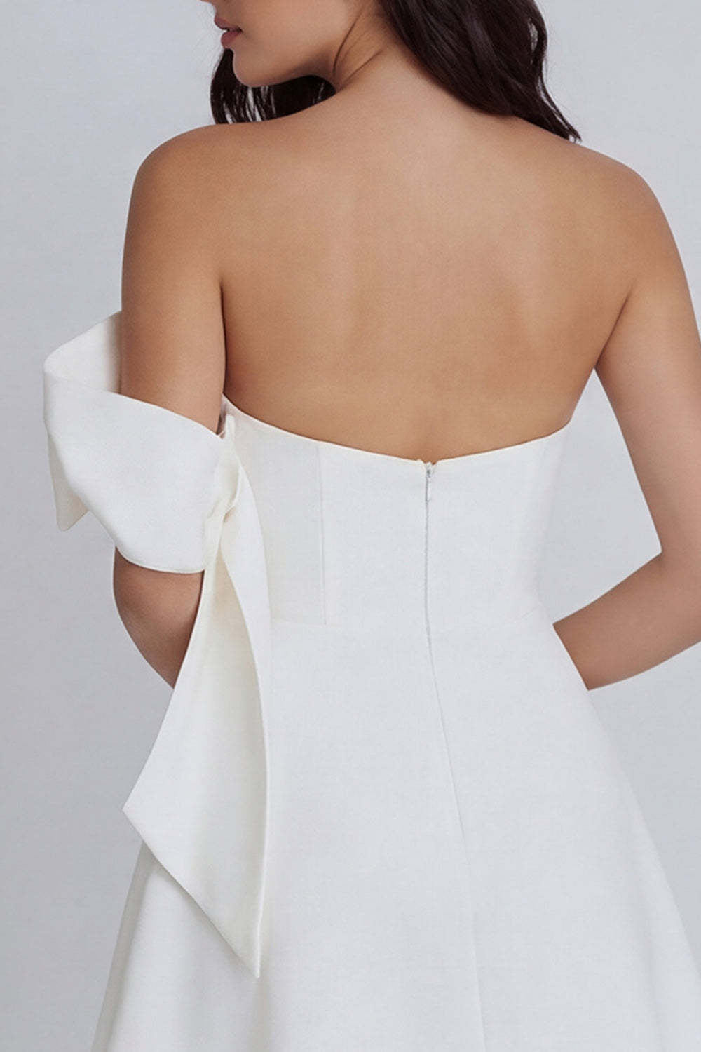 Ruched Ivory A Line Strapless Backless Short Little White Dress