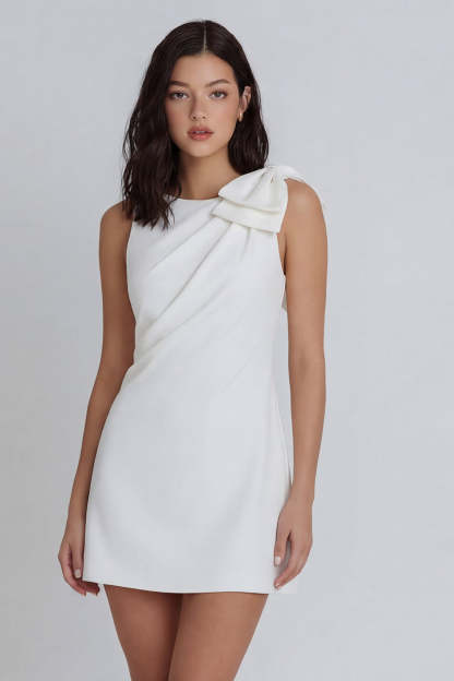 Leely Women A Line Ivory Ruched Short Little White Dress with Bow Round Neck Backless Bridal Shower Dress