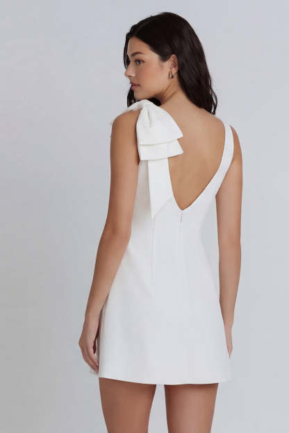 Round Neck A Line Ivory Ruched Short Little White Dress with Bow