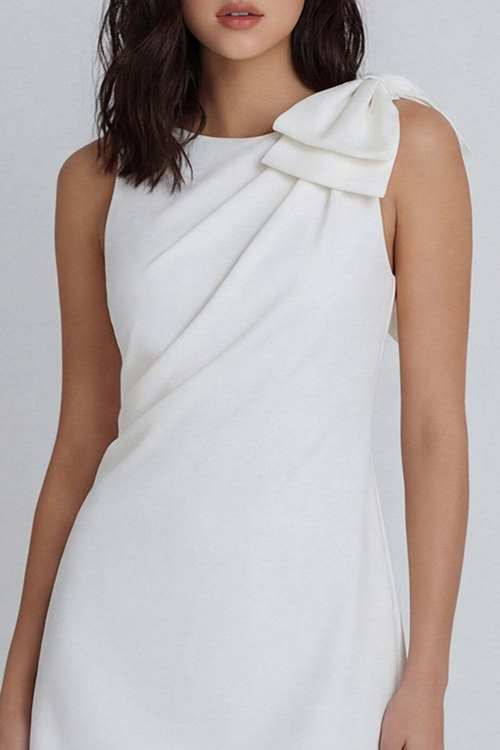 Round Neck A Line Ivory Ruched Short Little White Dress with Bow
