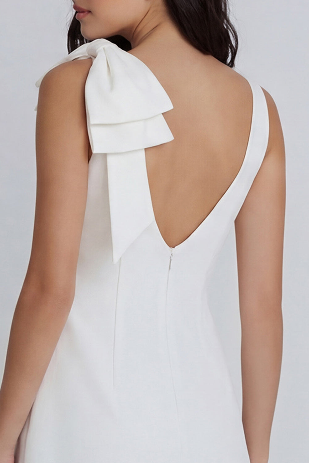 Round Neck A Line Ivory Ruched Short Little White Dress with Bow