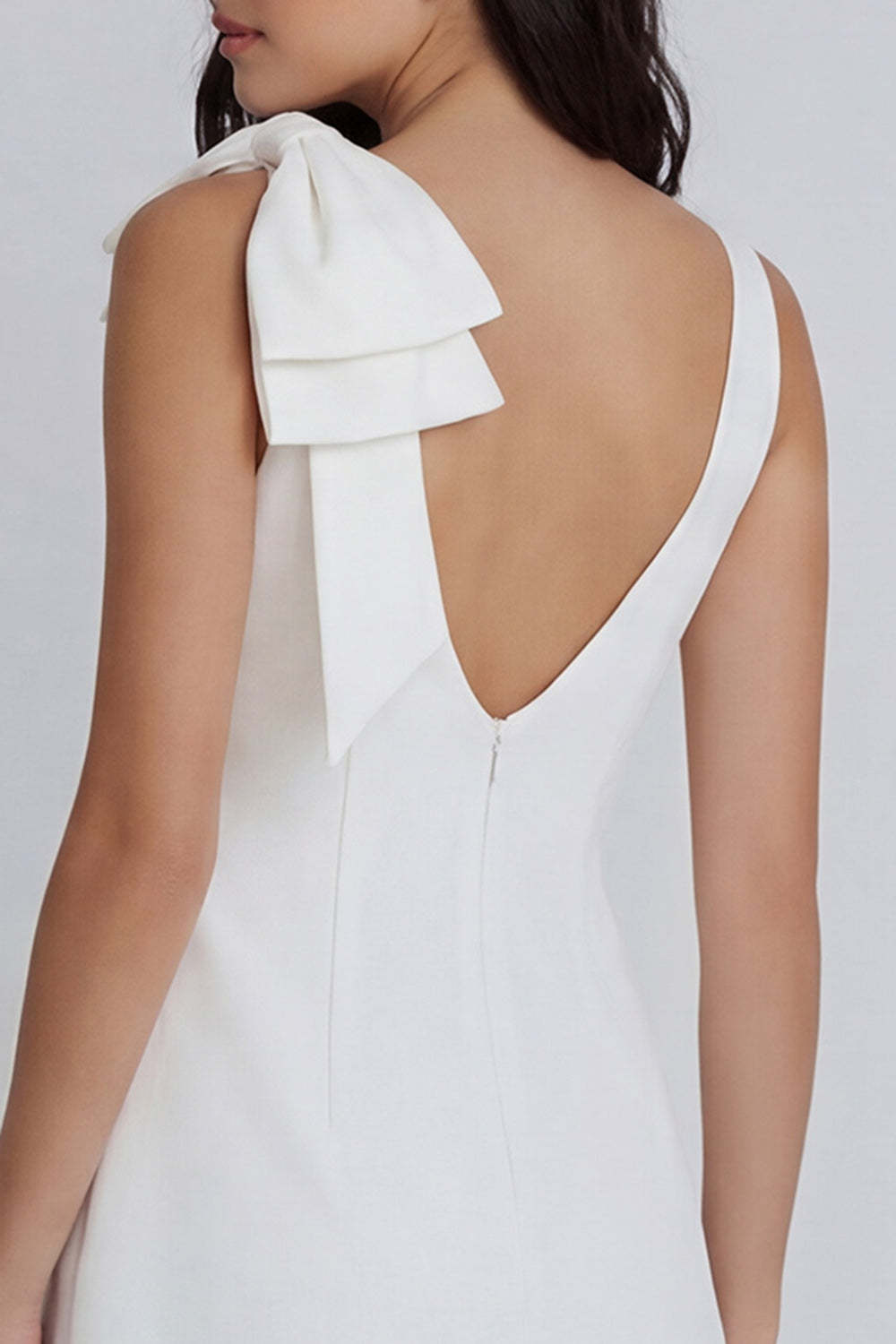 Round Neck A Line Ivory Ruched Short Little White Dress with Bow