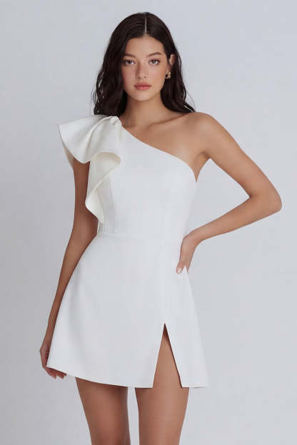 Leely Women One Shoulder Ivory Short Little Short Dress with Slit A Line Ruffled Backless Bridal Shower Dress