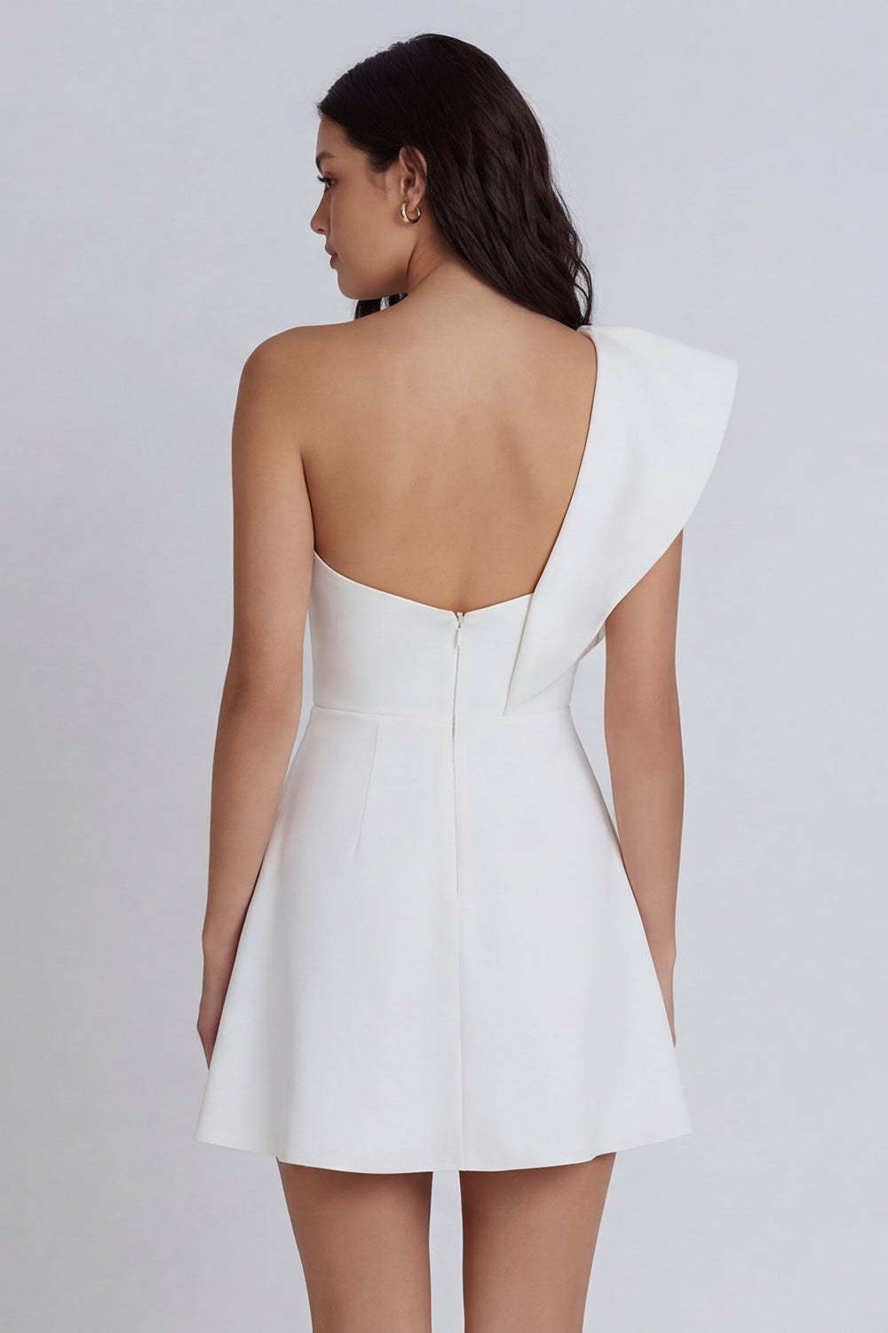 One Shoulder A Line Ruffled Ivory Short Little White Dress with Slit