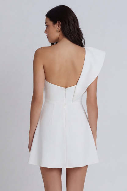 One Shoulder A Line Ruffled Ivory Short Little White Dress with Slit
