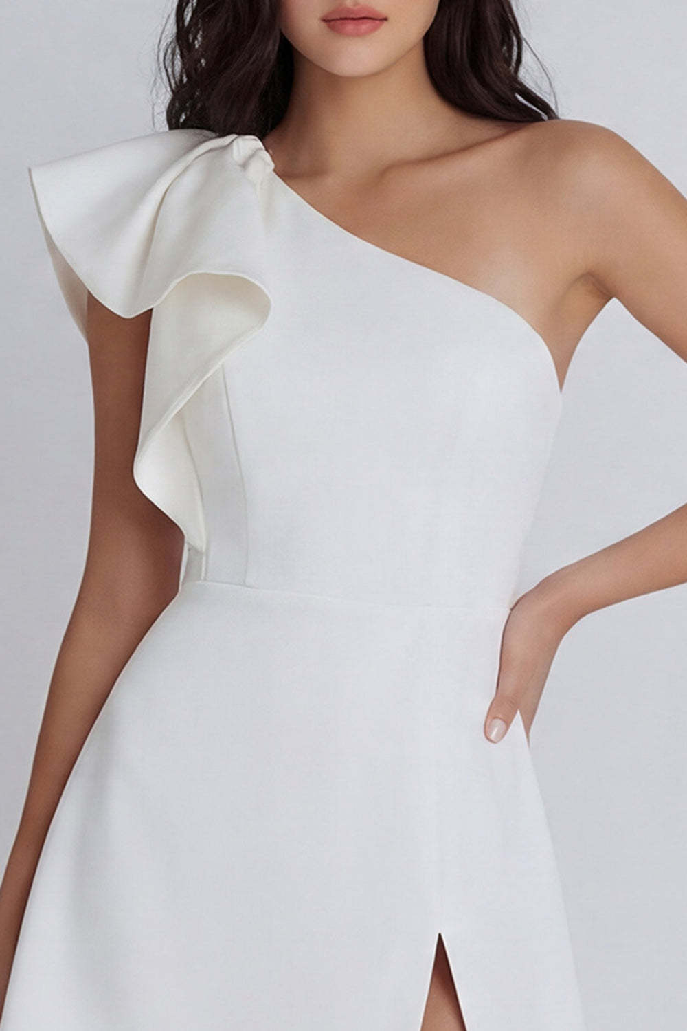 One Shoulder A Line Ruffled Ivory Short Little White Dress with Slit