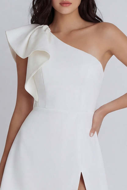 One Shoulder A Line Ruffled Ivory Short Little White Dress with Slit
