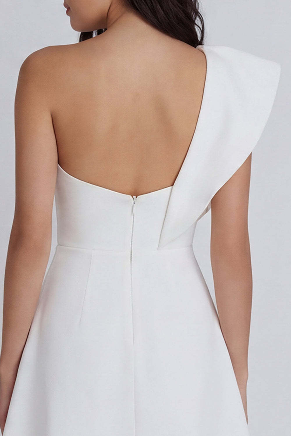One Shoulder A Line Ruffled Ivory Short Little White Dress with Slit