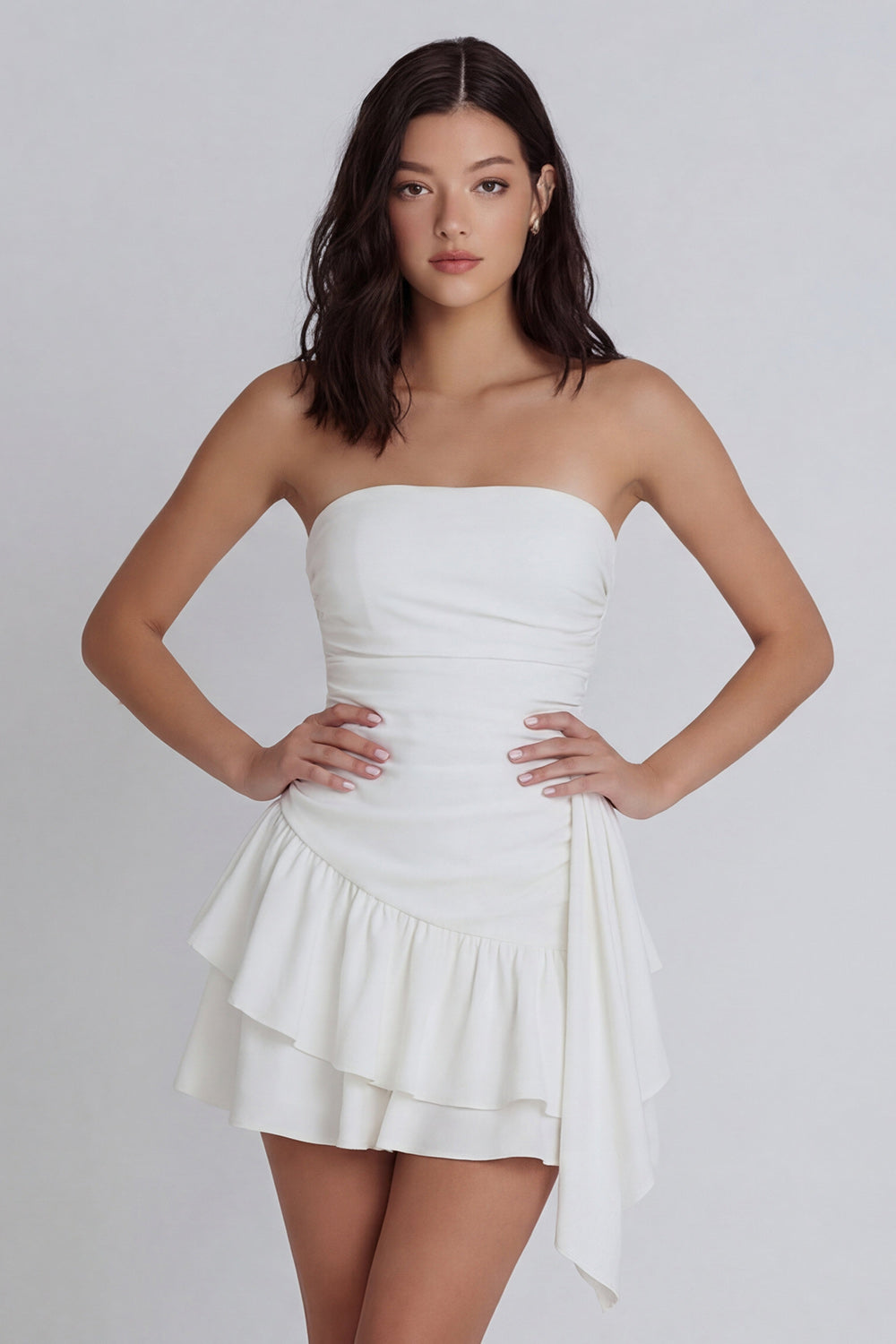 Strapless Ruffled A Line Ruched Ivory Short Little White Dress