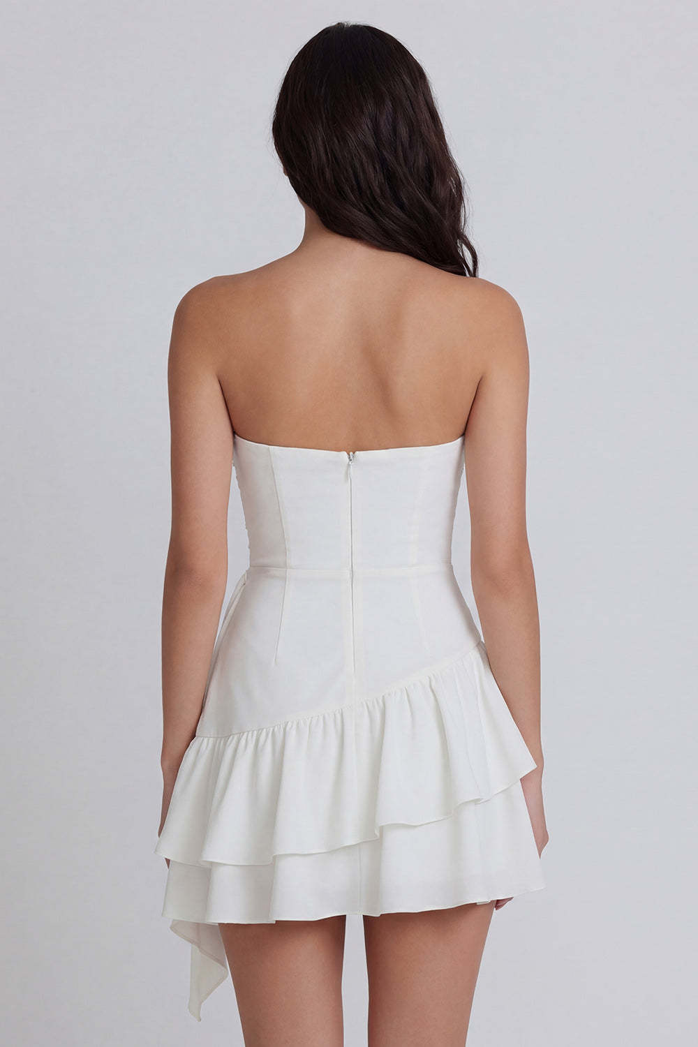 Strapless Ruffled A Line Ruched Ivory Short Little White Dress