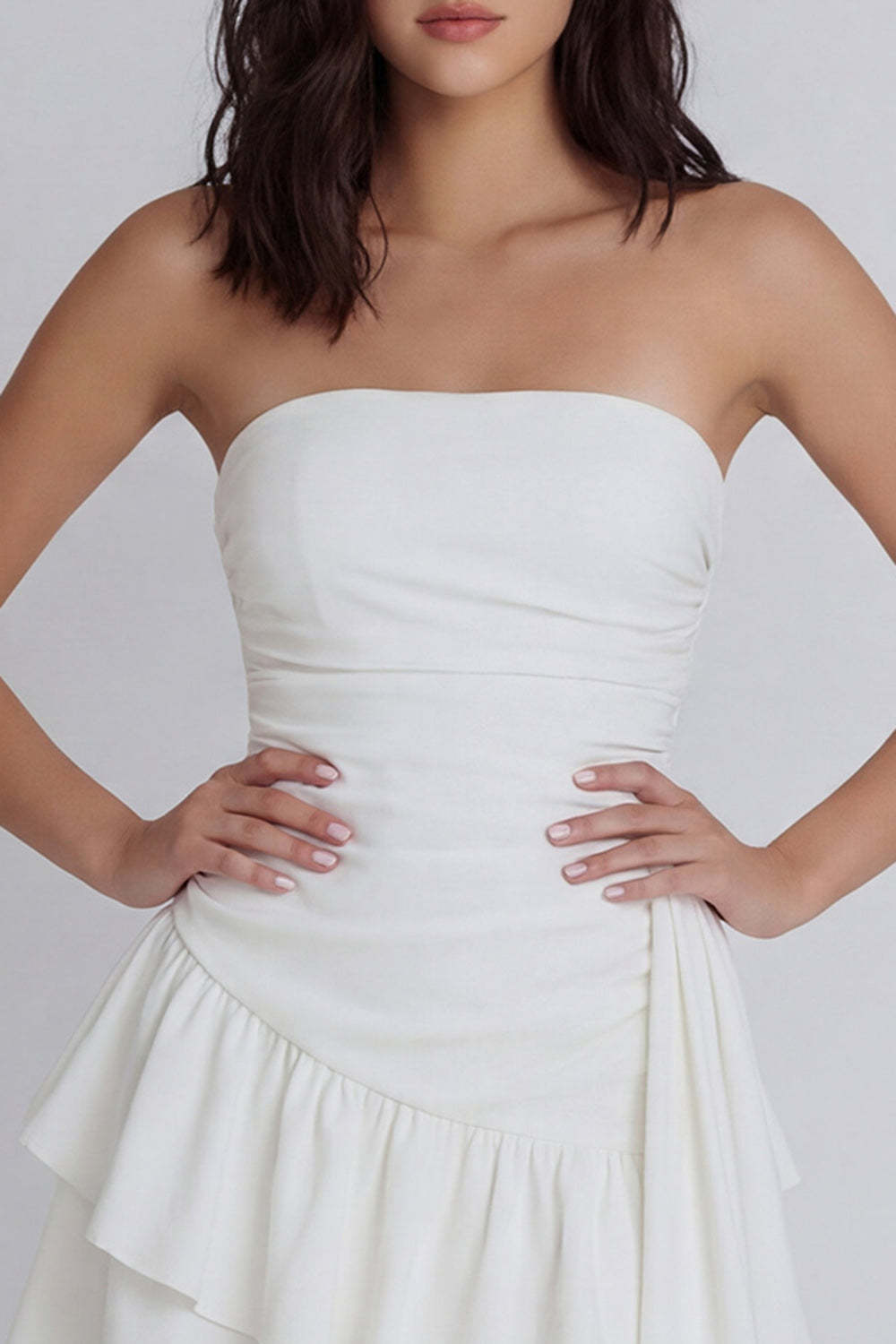 Strapless Ruffled A Line Ruched Ivory Short Little White Dress