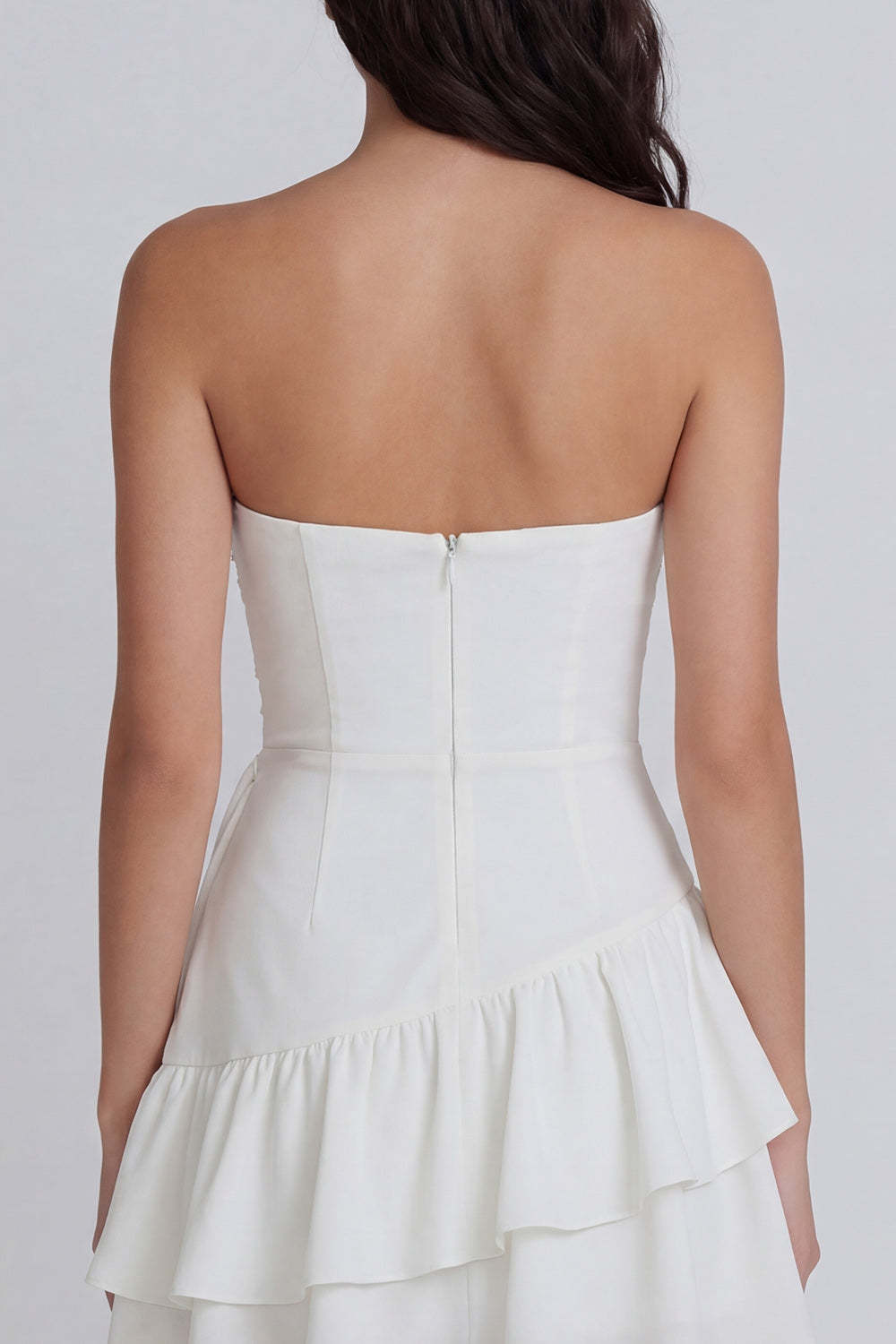 Strapless Ruffled A Line Ruched Ivory Short Little White Dress