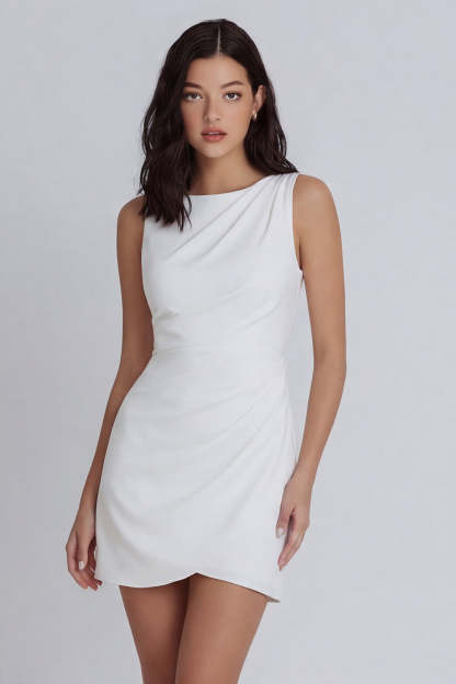 Leely Women Ivory Ruched Bodycon Short Little White Dress Sleeveless Round Neck Bridal Shower Dress