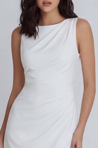 Ivory Ruched Round Neck Bodycon Short Little White Dress