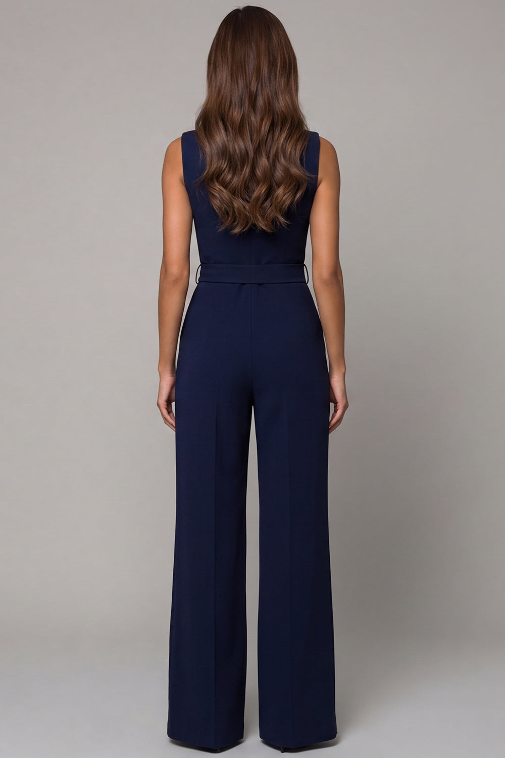 Navy V Neck Sleeveless Long Work Jumpsuit with Pockets