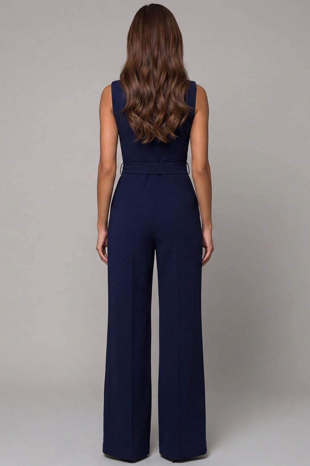 Navy V Neck Sleeveless Long Work Jumpsuit with Pockets
