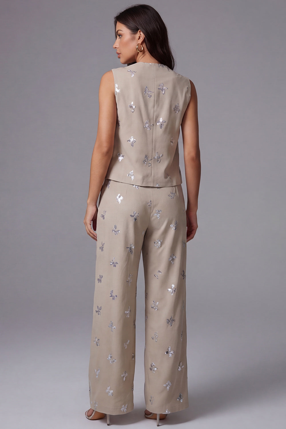 Khaki Sleeveless Floral Appliqued 2 Piece Work Suits