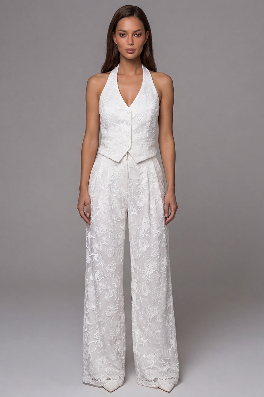 Leely Women Floral Ivory Halter Neck 2 Piece Work Suits Breasted Backless Sleeveless Formal Suits