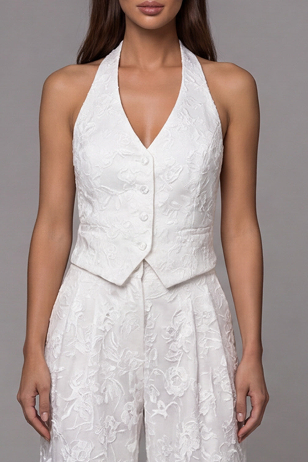 Floral Ivory Halter Neck Breasted 2 Piece Work Suits