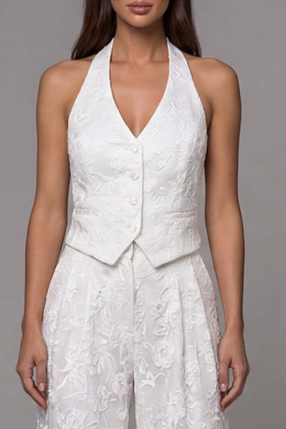 Floral Ivory Halter Neck Breasted 2 Piece Work Suits