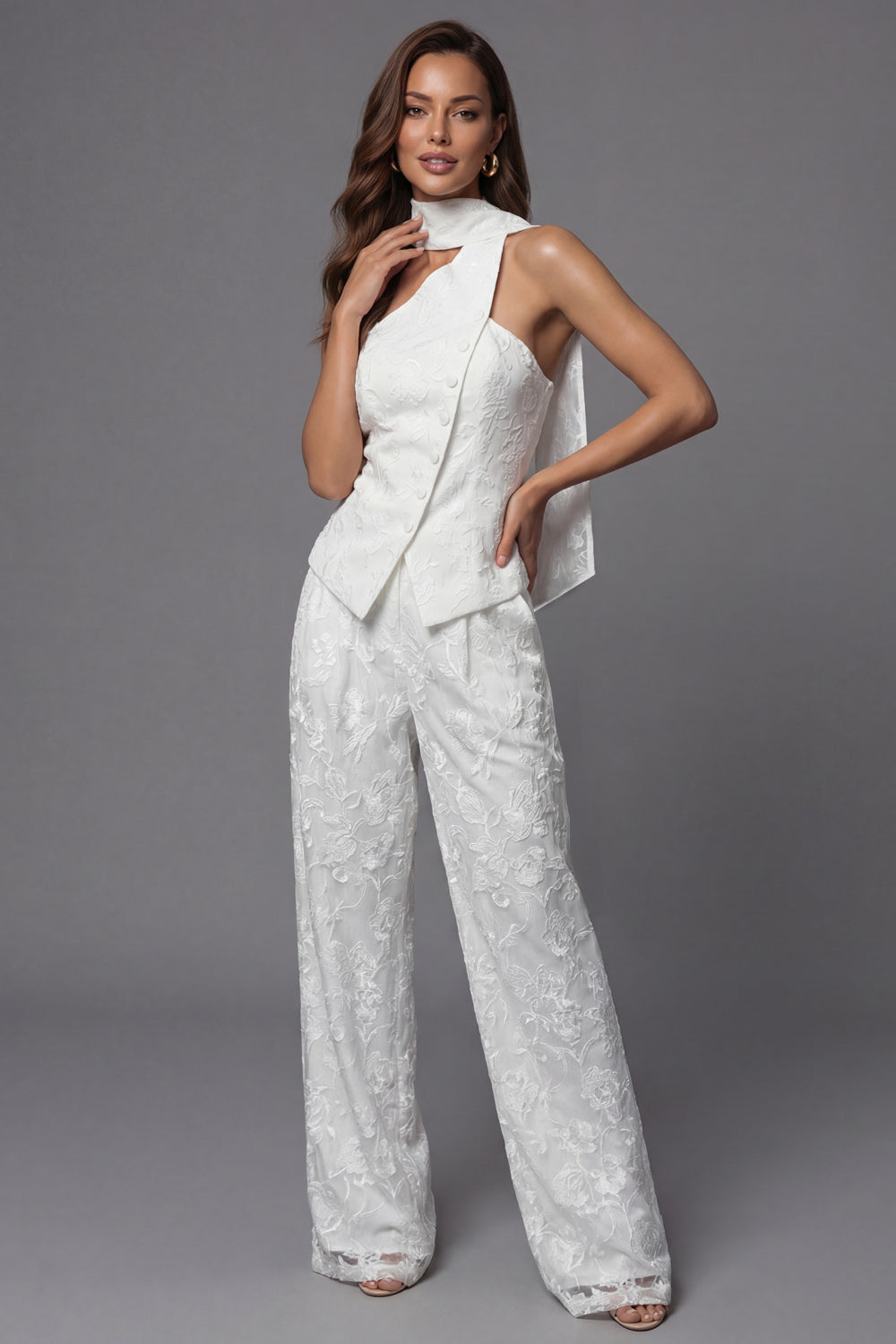 Leely Women Floral Ivory One Shoulder 2 Piece Work Suits Breasted Sleeveless Formal Suits