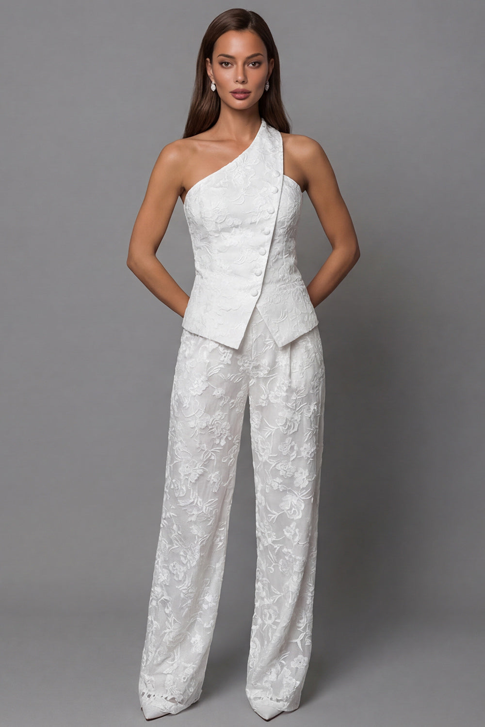 Floral Ivory One Shoulder Breasted 2 Piece Work Suits