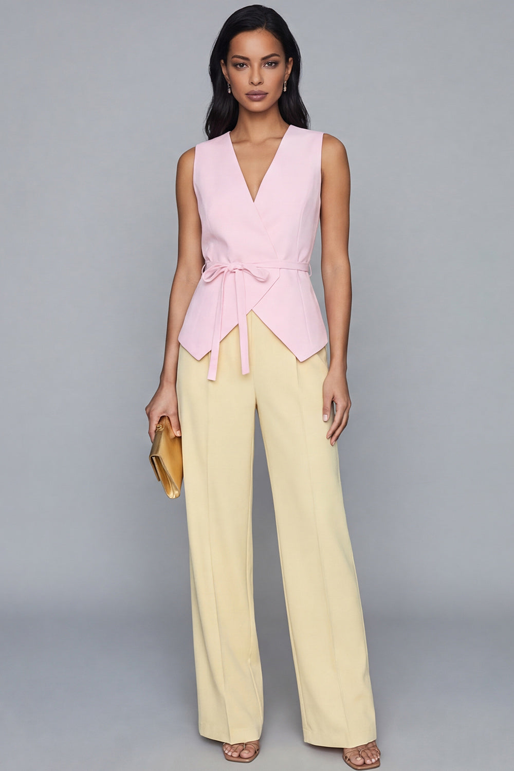 Pink and Yellow V Neck Sleeveless 2 Piece Work Suits with Bow