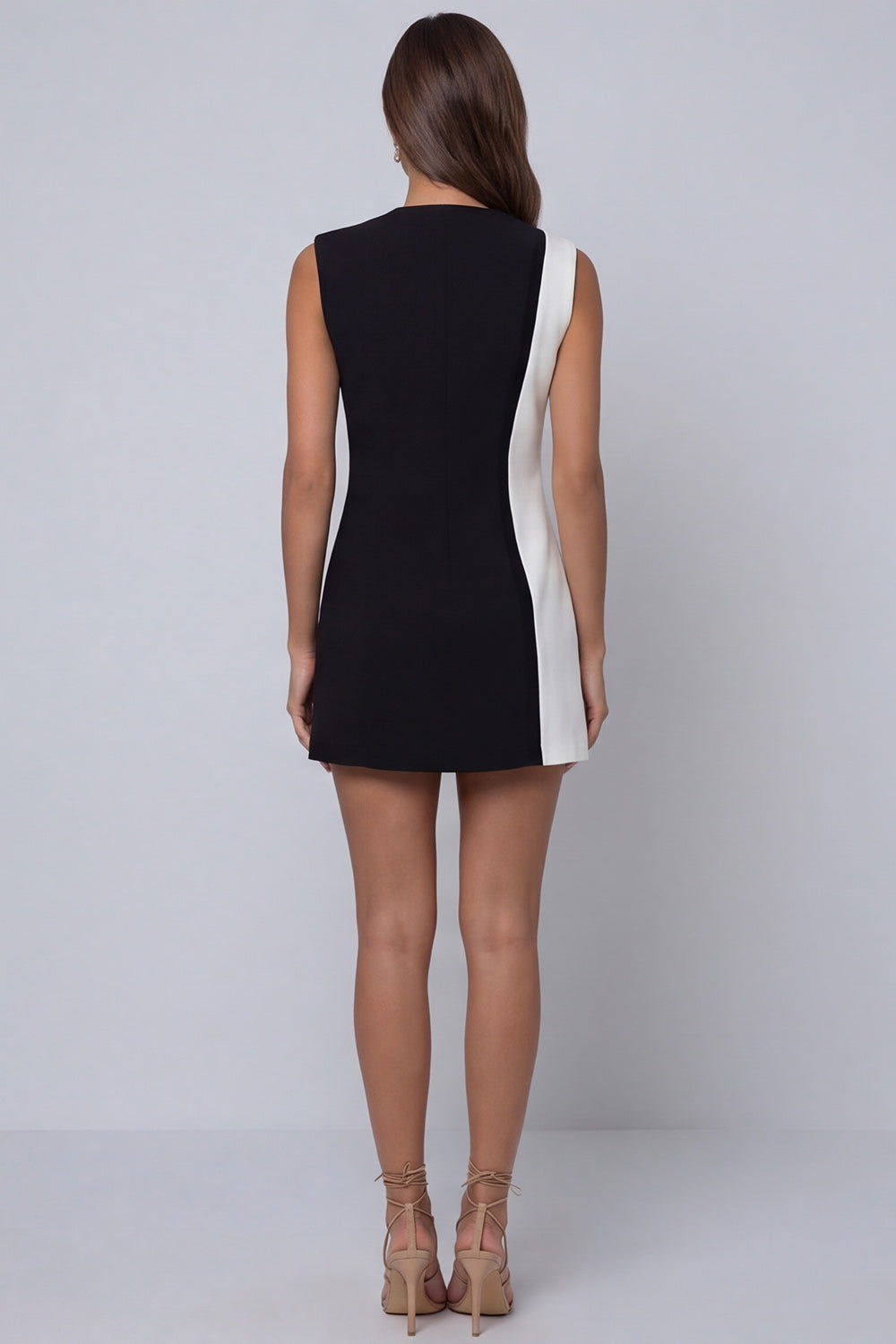 Black and White V Neck Sleeveless Short Work Dress